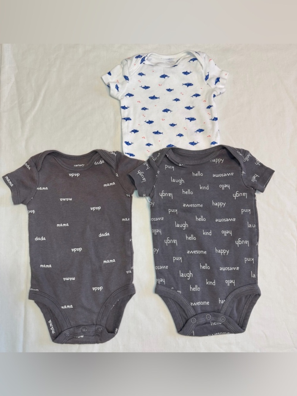 Carter's | 3 Pack Baby One-Piece Bodysuits Sharks, Mama, Dada Motif |3 Months